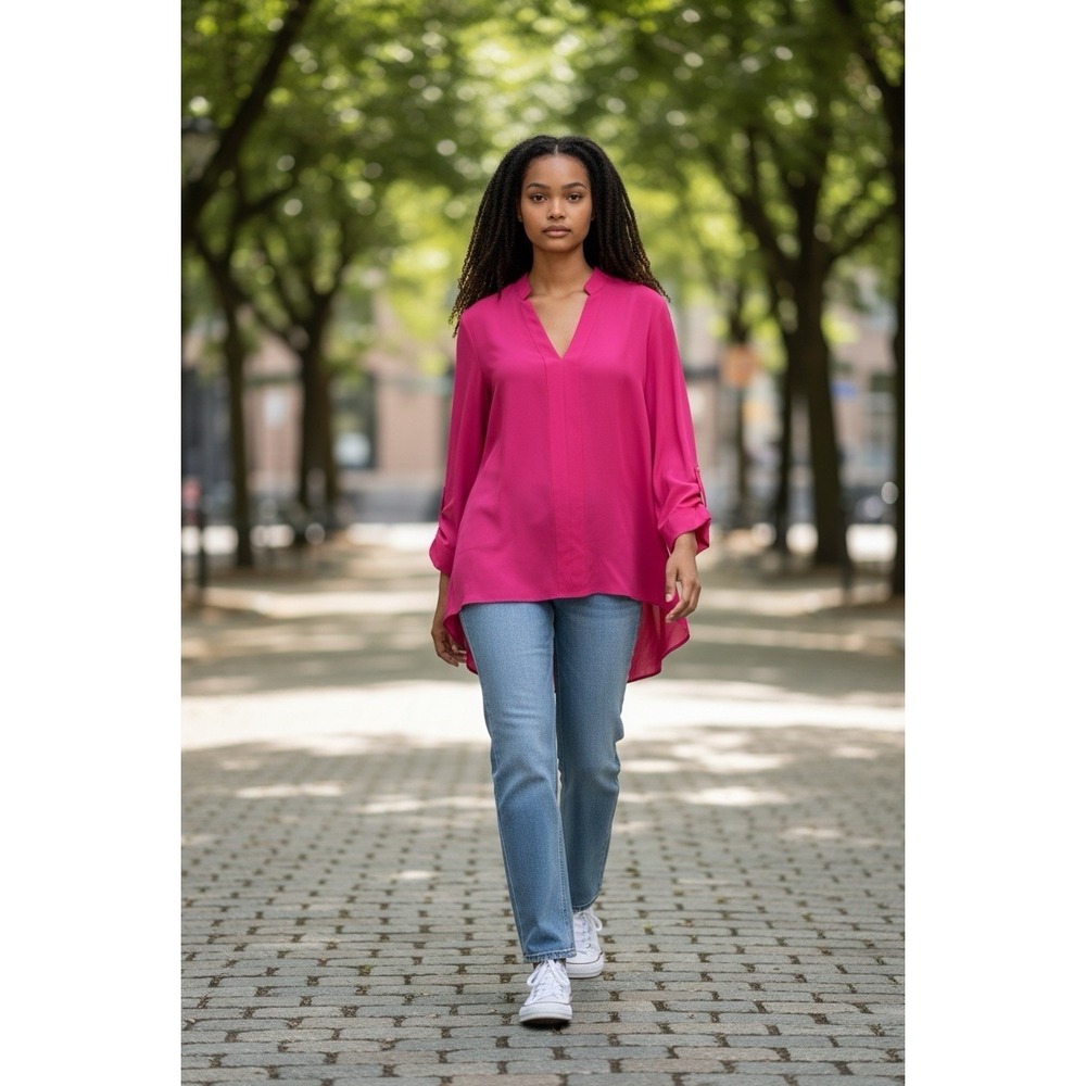 Nicole by Nicole Miller Blouse Medium Pink Roll Tab Hi Low Tunic Top